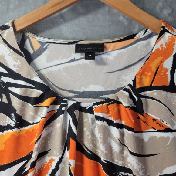 Worthington Womens Petite L Abstract Print Short Sleeve Blouse Orange Beige Blac - Picture 4 of 8